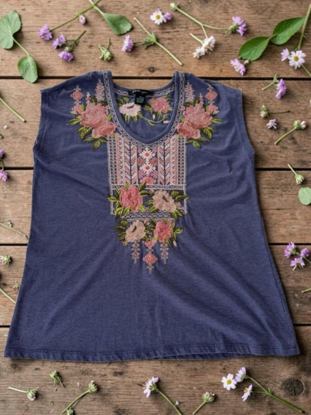 Faith & Zoe Women's Sleeveless Top XS Blue Embroidered Floral Boho 65% Cotton